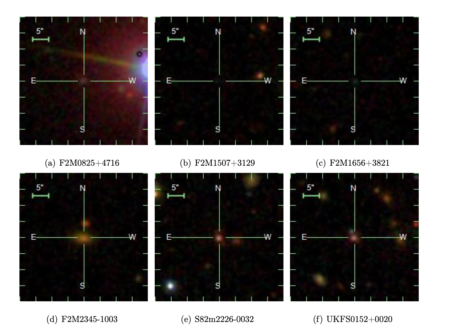SDSS composites of (a) F2M0825+4716, (b) F2M1507+3129, (c) F2M1656+3821, (d) F2M2345-1003, (e) S82m2226-0032, and (f) UKFS0152+0020 combined from u-, g-, r-, i-, and z-band images.